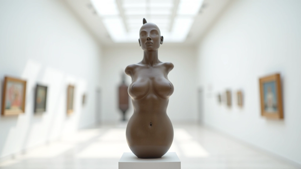Abstract bronze sculpture in gallery setting with dramatic shadow play and architectural background