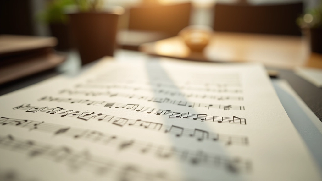 Sheet music pages with musical notation, close-up detail, natural window lighting, classical composition