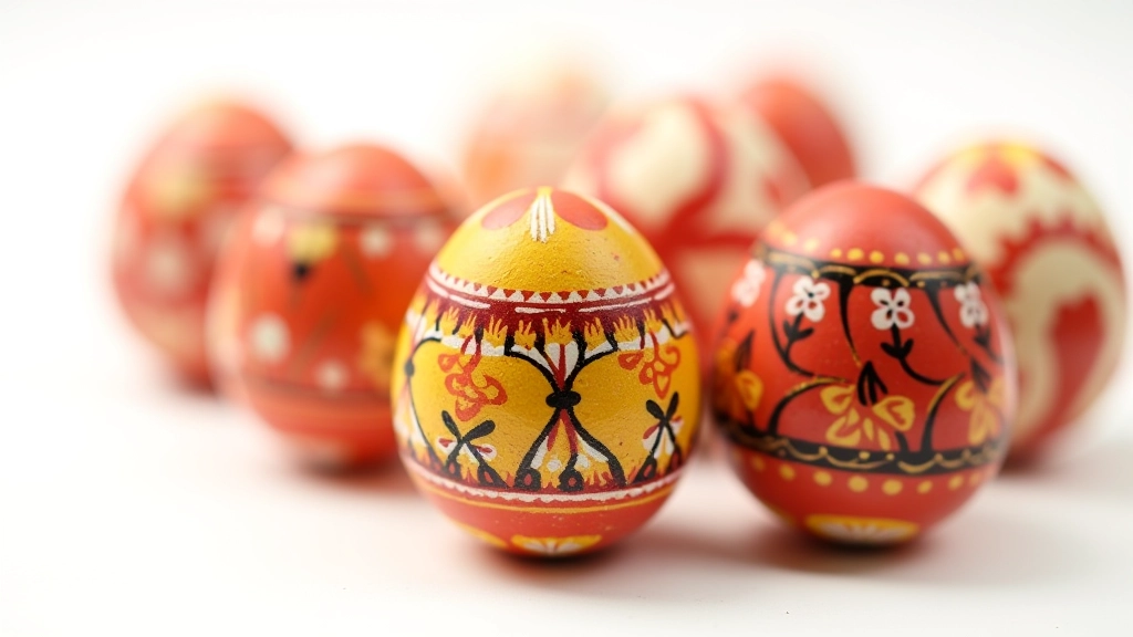 Close-up of intricately decorated Easter eggs with traditional pisanky wax-resist dyeing patterns, detailed geometric and floral designs in multiple colors