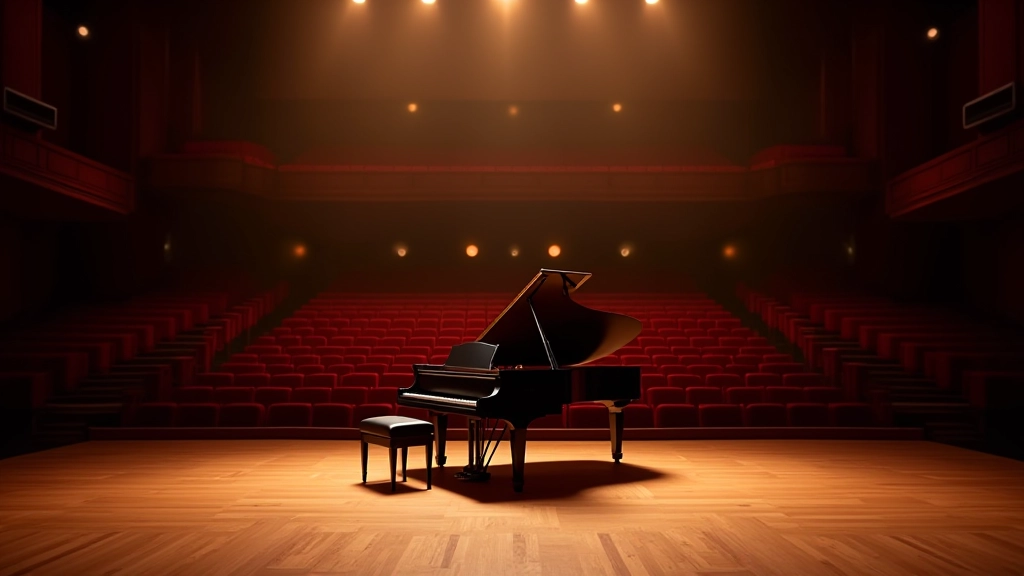 Concert hall stage with grand piano, orchestra seating area visible, warm amber stage lighting and dark auditorium