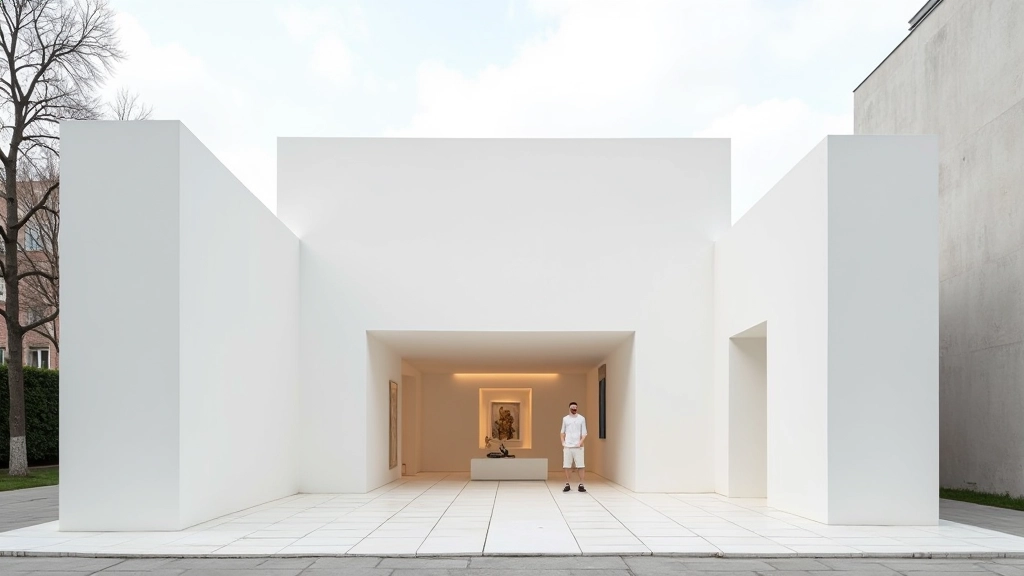 Modern gallery space exterior with minimalist architecture, white facade, and sculptural elements framing the entrance