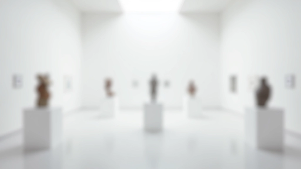 Modern sculpture gallery space with white walls, minimalist art installations, and natural skylight illumination