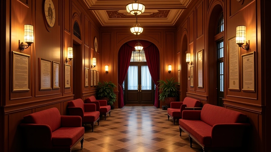 Theatre lobby or foyer with restored art deco elements, information boards showing program schedules, elegant period lighting fixtures, comfortable seating areas with period furniture, warm atmospheric lighting