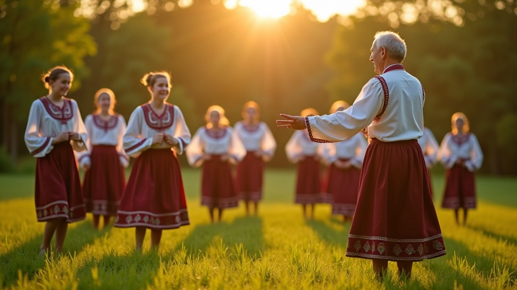 Young participants in traditional Moravian costumes learning traditional dance steps from experienced folk dancers at outdoor festival training area
