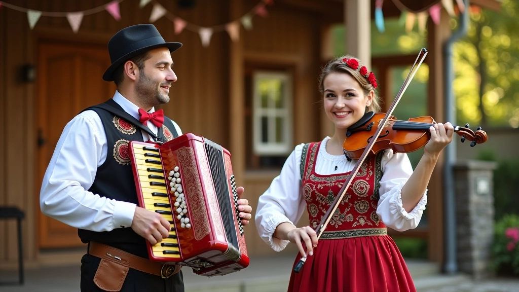 Folk musicians performing with traditional instruments, accordion and violin players in traditional Moravian costumes on outdoor stage