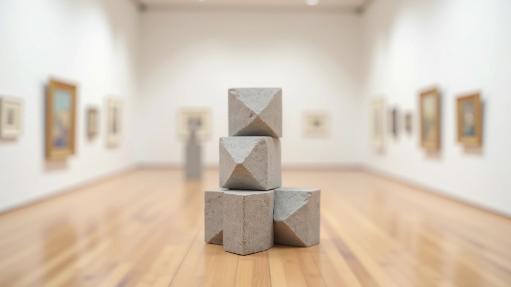Stone sculpture installation with geometric patterns, indoor gallery with wooden floors and modern lighting fixtures