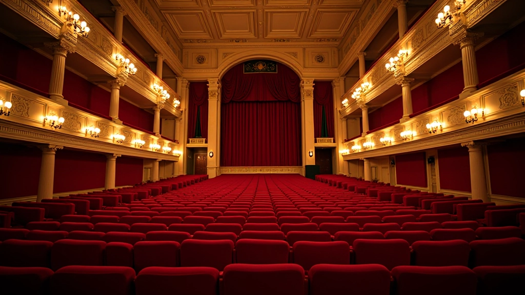 Interior of historic Czech theatre with ornate balconies, red velvet seats, and classical architecture details