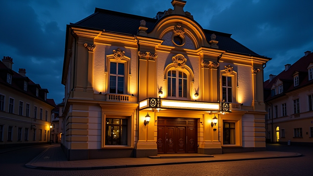 Historic theatre facade with art deco details, illuminated marquee, and ornate entrance doors in evening light