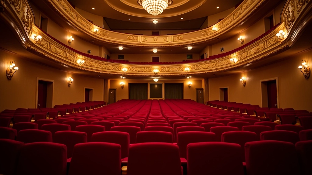 Interior of concert hall with rows of red velvet seats, ornate balconies, soft warm lighting, empty auditorium