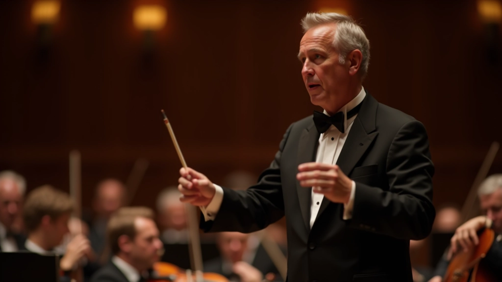 Orchestra conductor on stage facing musicians, dramatic side lighting, focused expression, concert hall interior
