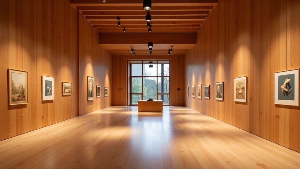 Modern cultural center with contemporary architecture, wooden interiors, exhibition spaces with warm lighting