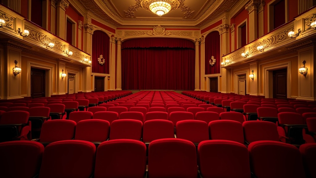Grand theatre interior with ornate ceiling, rows of red velvet seats, and warm stage lighting