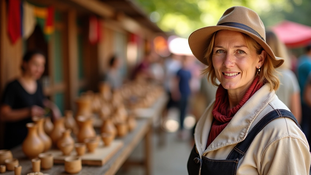 Wooden craft stalls displaying handmade pottery, woven textiles, and carved wooden items at outdoor festival market with traditional decorations