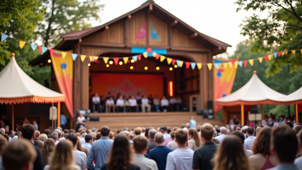 Folk festival outdoor stage with traditional wooden architecture, bunting decorations, and crowd of spectators enjoying performance