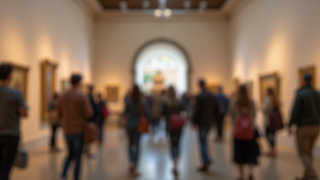 Gallery visitors walking through exhibition space, viewing sculptures from different angles and distances
