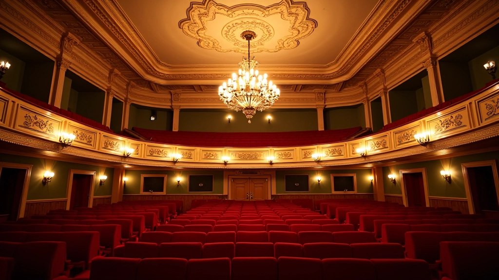 Theatre interior showing restored ornate ceiling with art deco geometric patterns, chandelier details, and vintage seating balcony with velvet railings