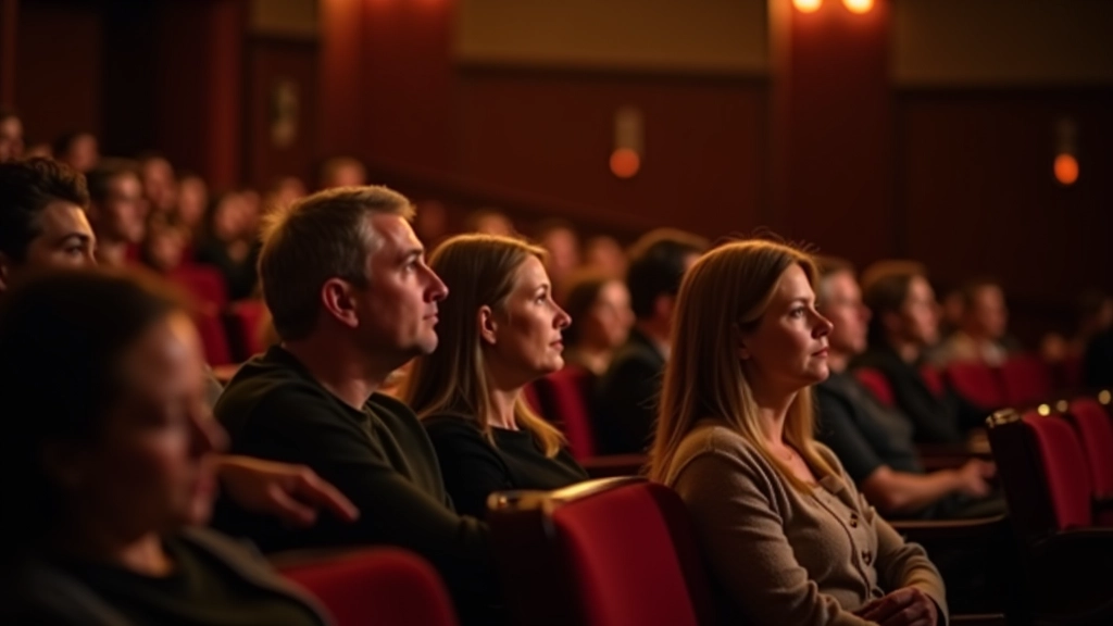 Audience members in theatre seats viewing a stage performance, showing diverse ages and engaged expressions, warm theatrical lighting, ornate theatre architecture visible in background