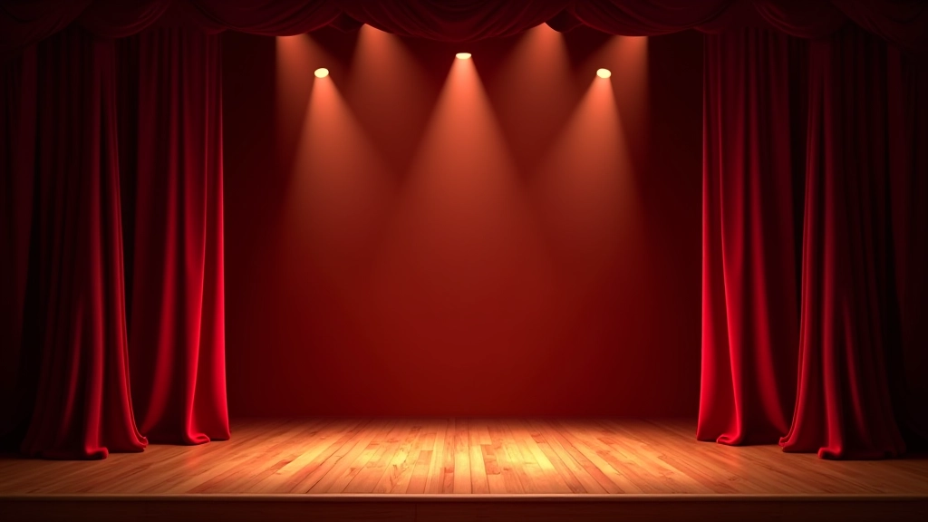 Theatre stage with dramatic lighting setup showing empty stage with red velvet curtains, theatrical spotlights creating pools of light, wooden stage floor, ornate proscenium arch visible