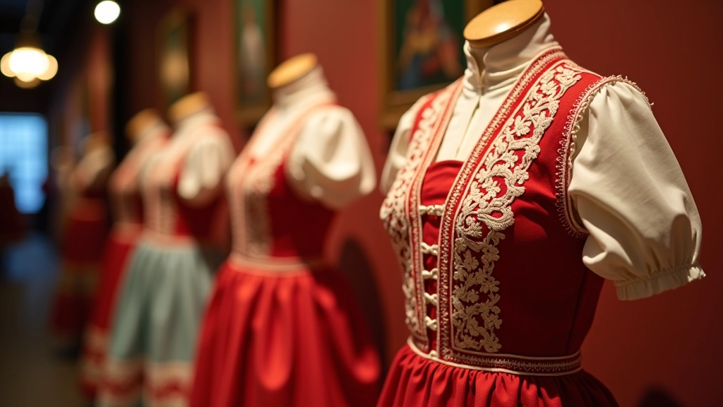 Traditional Moravian folk costumes displayed on wooden racks, embroidered vests and colorful traditional dresses with detailed lacework and patterns